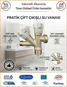 Çift Çıkışlı Ara Musluk - Çamaşır Makinası ve Lavabo Batarya Çıkışı - %100 Prinç