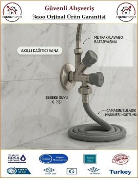 Çift Çıkışlı Ara Musluk - Çamaşır Makinası ve Lavabo Batarya Çıkışı - %100 Prinç