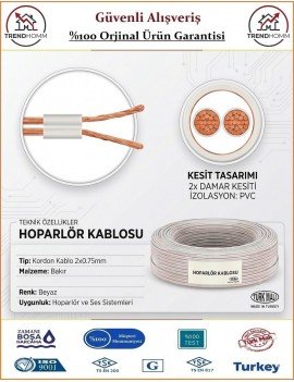 2x0,75 Bitişik Hoparlör Tesisat Kablosu - Beyaz