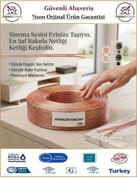 2x0,75 Bitişik Hoparlör Tesisat Kablosu - %100 Bakır - Şeffaf