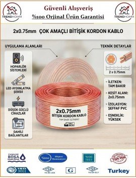2x0,75 Bitişik Hoparlör Tesisat Kablosu - %100 Bakır - Şeffaf