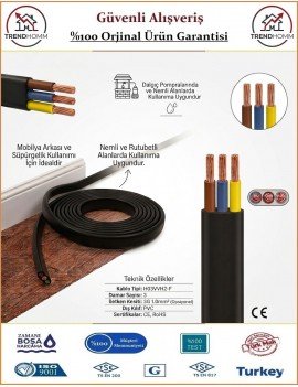 Trendhomm 3x1.5 TTR Yassı Elektrik Kablosu - %100 Bakır