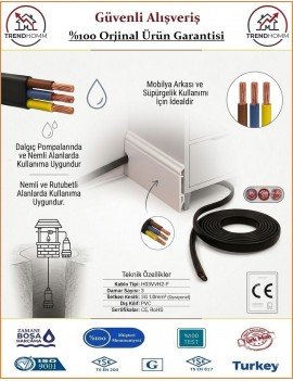 Trendhomm 3x1.5 TTR Yassı Elektrik Kablosu - %100 Bakır