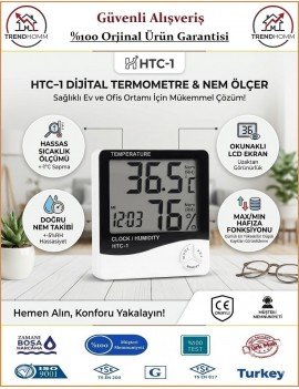 Temperature HTC-1 - Saatli - Dijital Termometre - Sıcaklık & Nem Ölçer